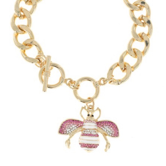 Gold Cuban link rhinestone bee charm bracelet - Picture 2 of 5